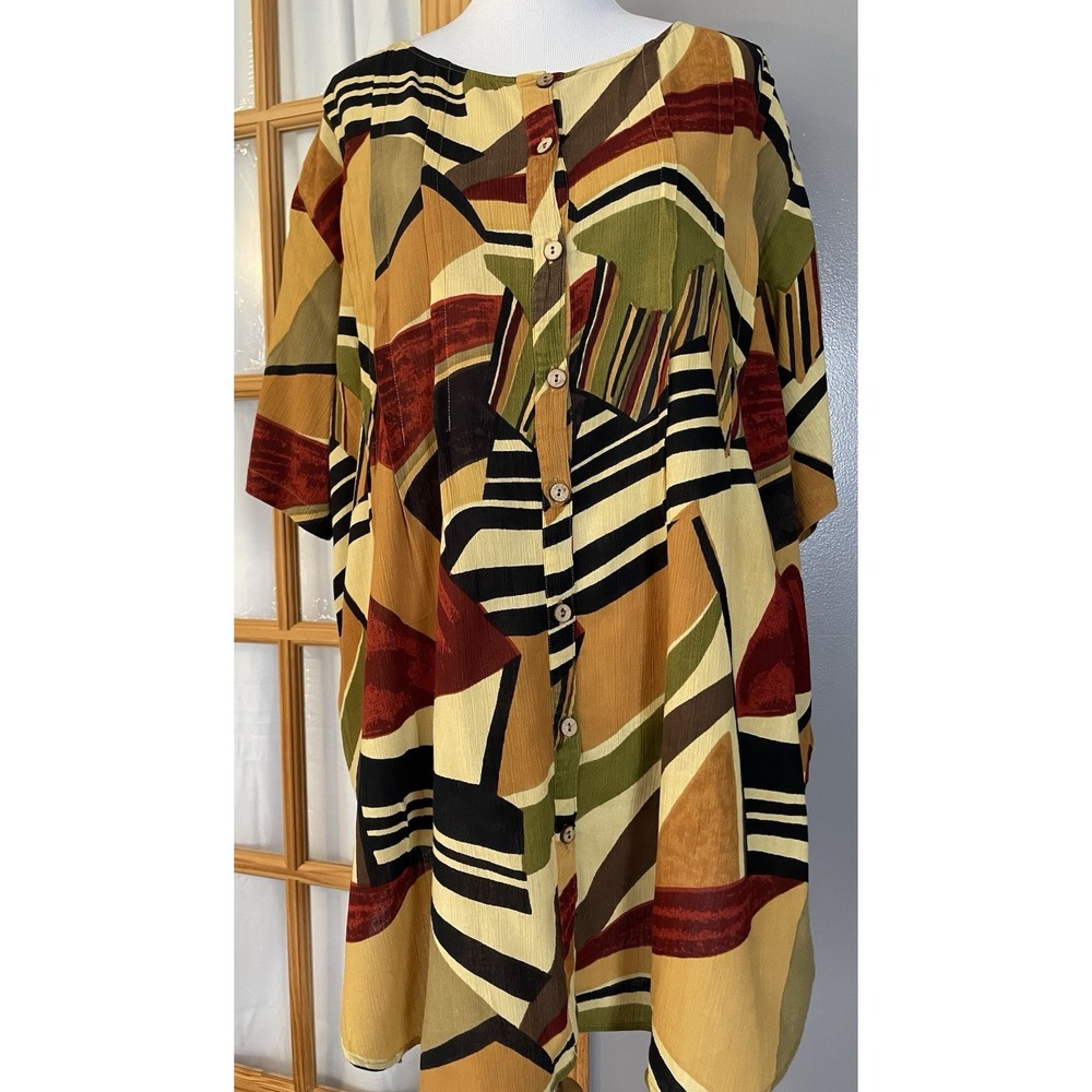 Vtg 80s Roaman's Pleated Tunic Blouse 2X Red Black Abstract Buttons Crinkled